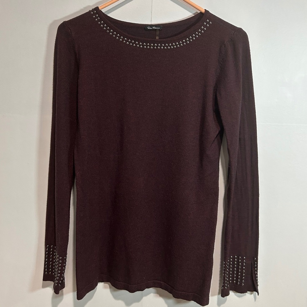 Vila Milano Sweater Small Burgundy Studded Neck Cuff Wool Blend Fall Edgy Winter